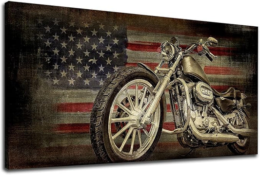 yearainn American Flag Motorcycle Wall Art - Vintage Map of USA Pictures Retro Motorcycle Wall Decor American Freedom Ride Canvas Painting Print Modern Classic Artwork for Office Home Decor 29" x 58"