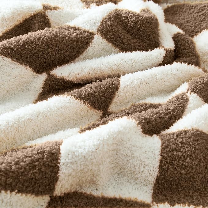 CozeCube Checkered Blanket, Ultra Soft Cozy Dark Brown and White Throw Blanket, Warm Cozy Knit Fuzzy Plush Checkerboard Throw for Couch Bed Sofa, 60"x80"