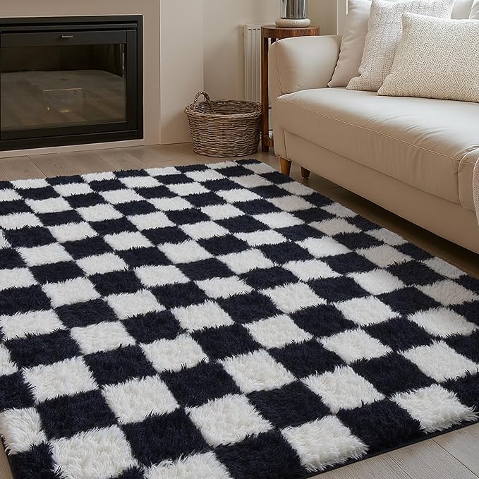 Checkered Rug 5x7 for Living Room, Black and White Modern Shag Rug Super Soft Washable Indoor Fuzzy Carpet Non-Slip Fluffy Rugs for Bedroom Home Aesthetic Decor