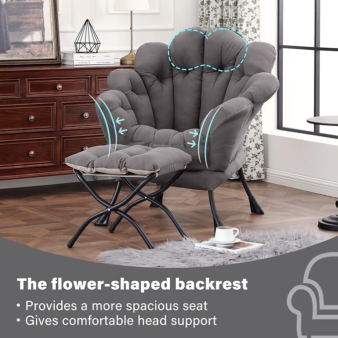 Lazy Chair with Ottoman, Modern Floral Reading Chair with Folding Footrest, Lounge Accent Chairs, Comfortable Oversized Armchairs for Bedroom, Living Room, Courtyard, Dark Grey