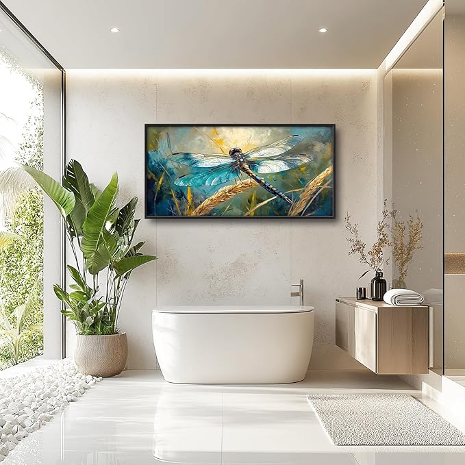 Olivine Dragonfly Wall Art, Vintage Dragonfly Pictures Wall Decor, Nature Painting, Insect Canvas Prints, Framed Artwork for Bathroom Bedroom Living Room Office Home Decoration 60"x30"