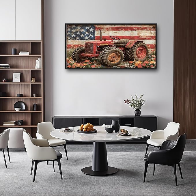 Framed Large Wall Art for Living Room, Farmhouse Tractors Canvas Wall Decor, Large Rustic Country Wildflowers Pictures Framed Painting, Natural Landscape Artwork for Bedroom Office Home Decor 60L'' × 30W''