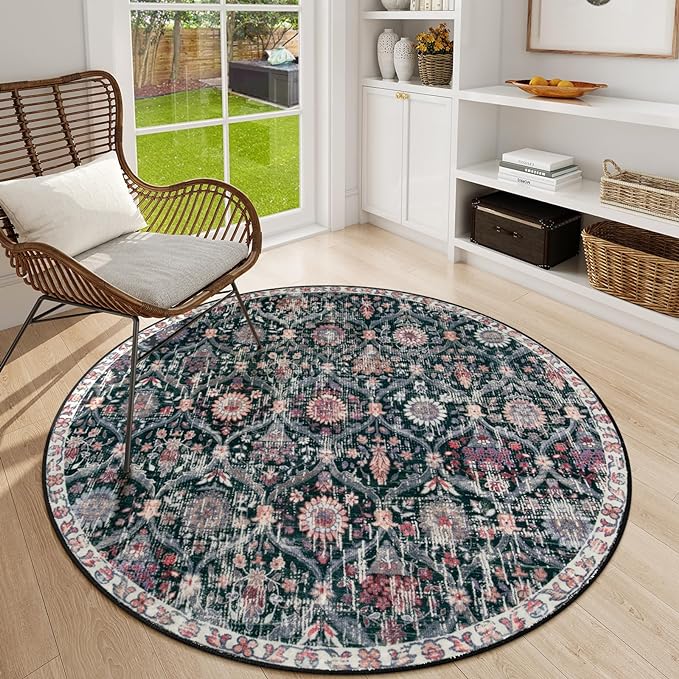 Lahome Moroccan Trellis Round Area Rugs, Washable Small Round Rug 3ft Non-Slip, Soft Vintage Ultra-Thin Circle Carpet for Bedroom Entryway Kitchen Laundry Bathroom, Black/Multi