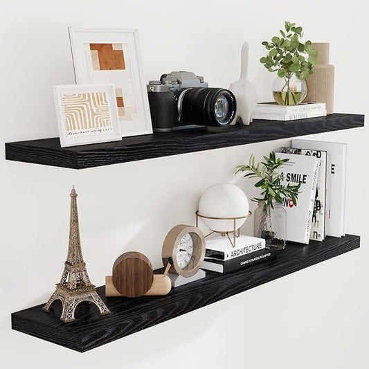 Fun Memories Floating Shelves 55 Inch Set of 2, Black 55 x 9.3 Wall Shelves for Home Decor Storage, Rustic Wood Floating Shelf for Wall, 9.3 Inch Deep Shelving for Bathroom, Living Room, Kitchen