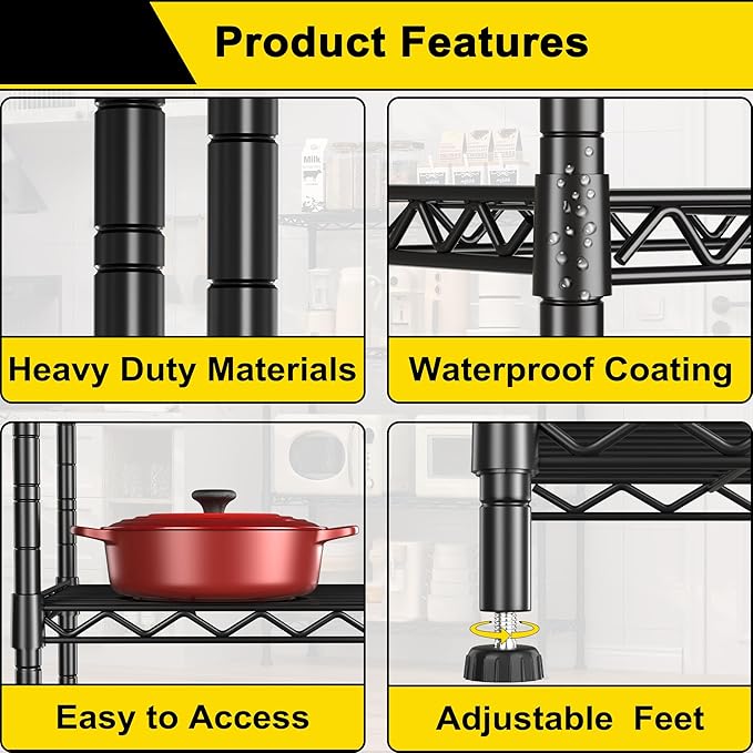 GIOTORENT 5-Wire Garage Shelving Storage Shelves, Metal Shelf Organizer 1750Lbs Capacity, Kitchen Storage Adjustable Shelf for Laundry Bathroom Pantry Closet, Black 36.2''L x 14''W x 72.3''H