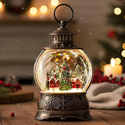 Christmas Village Snow Globe Lighted Christmas Tree and Village Scene, Musical Snow Water Lantern Swirling Glittering Home Decoration and Gift, Battery Operated or USB Powered