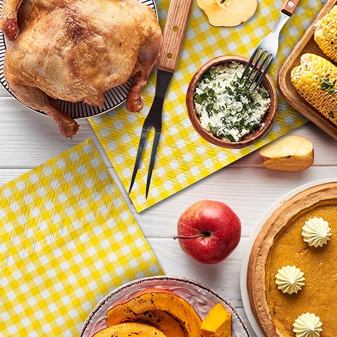 Gatherfun Party Supplies, Disposable Paper Napkins Yellow and White Gingham Napkins for Easter Party（3-ply, 6.5X6.5 in, 50-Pack)