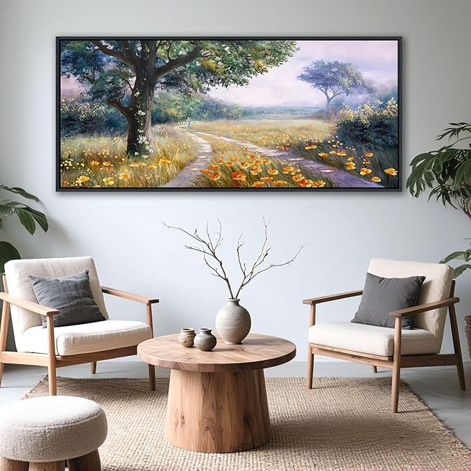 CHATYOUNG Large Landscape Wall Art, Rustic Wildflowers Way Home Yellow Green Pictures Farmhouse Canvas Painting Framed Artwork for Bedroom Living Room Kitchen Home Office Wall Decor 71"x32"