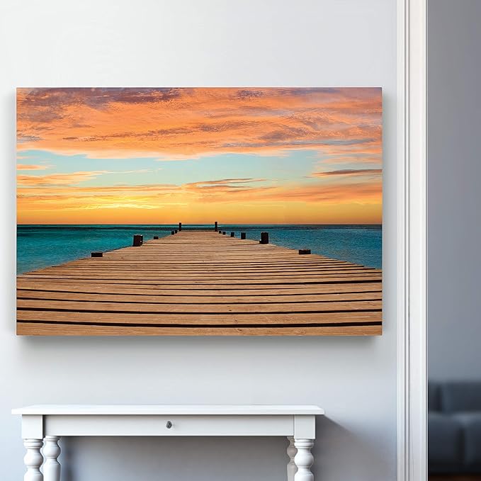 Renditions Gallery Nature Wall Art Pictures & Prints Ocean Dock View of Orange Sundown Canvas Hanging Artwork for Bedroom Office Kitchen Wall Decor - 32"X48" LT08