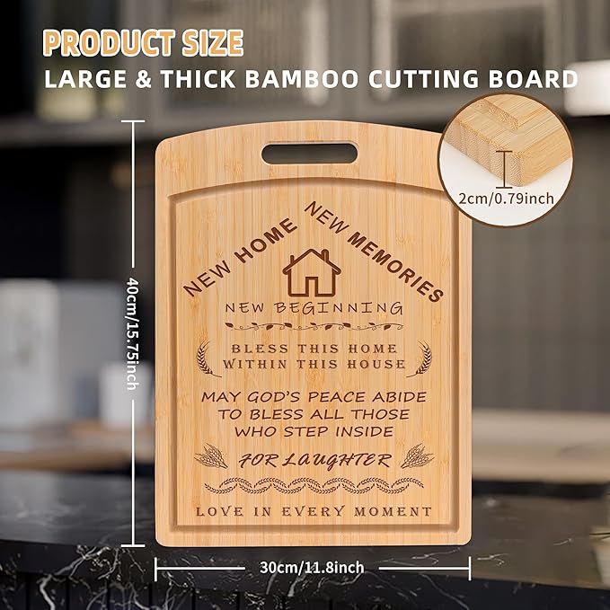 Joeyan Bless This Home House Warming Gifts for New Homeowner First House Family Apartment Owner, 16 x 12'' Large Engraved Bamboo Cutting & Chopping Charcuterie Board Kitchen Present