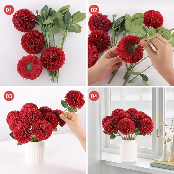 Hananona 12 Pcs Artificial Chrysanthemums Flowers Burgundy Red Flowers, Fake Mums Silk Flowers for Spring Home Decor Christmas Floral Arrangement Halloween Table Centerpiece (12, Burgundy)