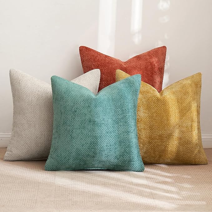 MIULEE Pack of 4 Couch Throw Pillow Covers 20x20 Inch Neutral Orange/Teal Soft Decorative Chenille Pillow Covers Farmhouse Accent Cushion Covers for Boho Home Decor Spring Sofa Bedroom Living Room