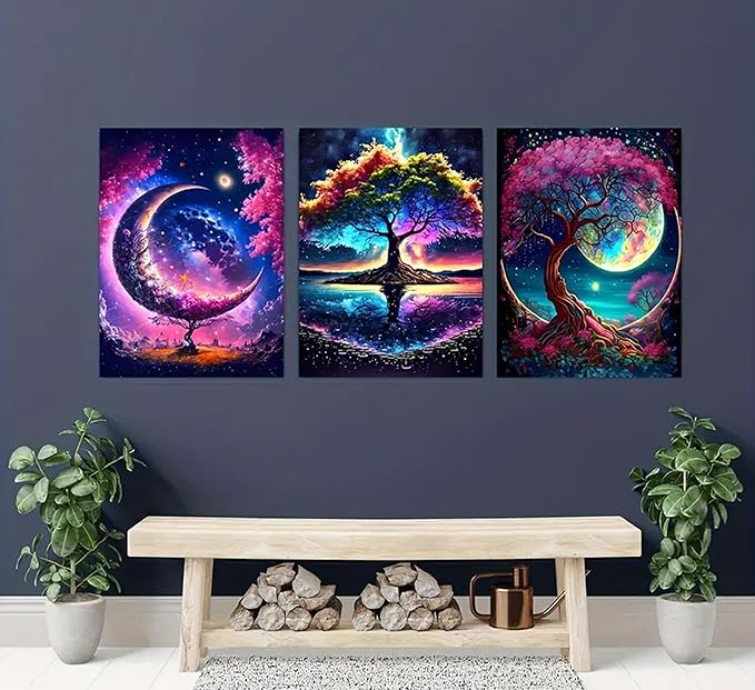EVPYXFUT 3PCS Tree of Life Wall Art Moon Canvas Poster Romantic Starry Night Pictures Fantasy Forest Paintings Tree Life Prints Visual Modern Abstract Wall Decor for Living Room Bedroom Unframed