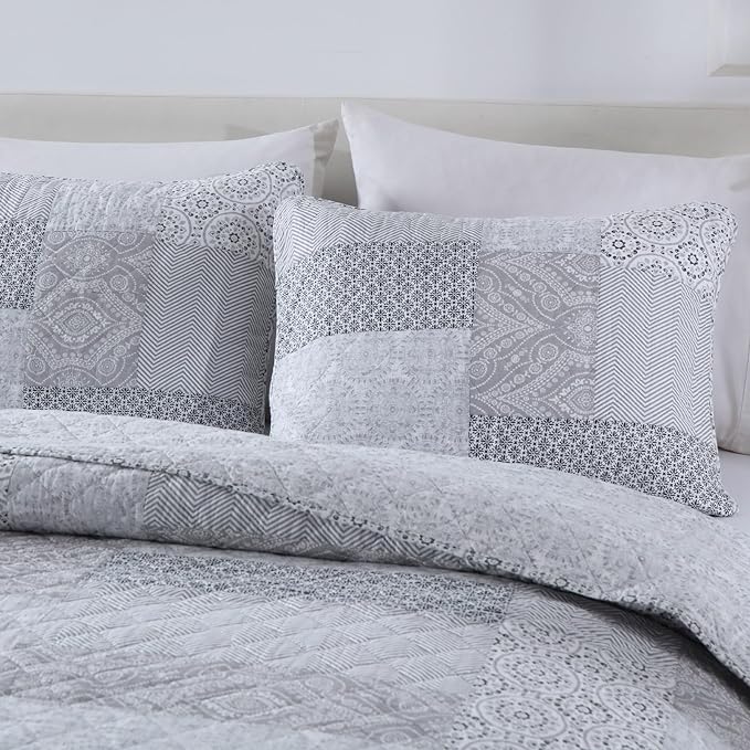 Secgo Queen Comforter Set for Bed - 100% Cotton Quilts Queen Size, Black Bedspreads (90 * 98 Inch) with 2 Pillow Shams, Patchwork Reversible Lightweight Bedding