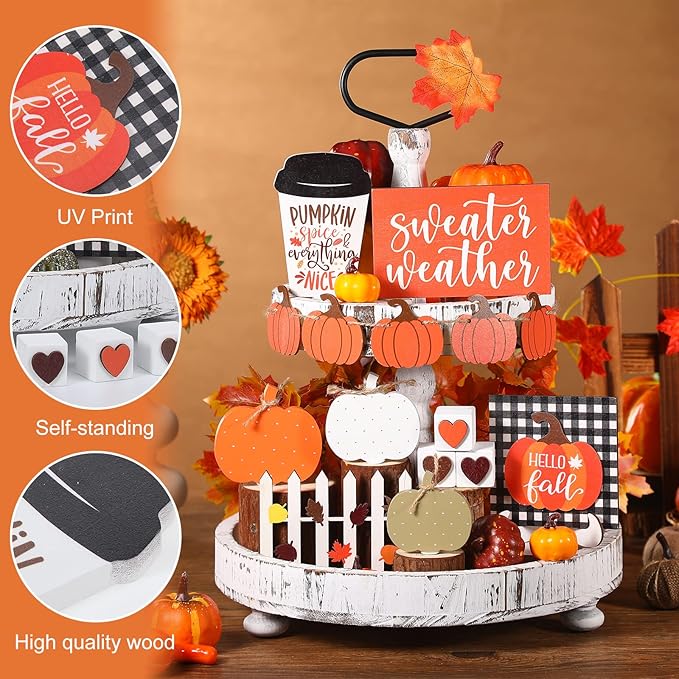 Sumind 15 Pcs Fall Tiered Tray Decor Set Fall Decorations for Home Autumn Wood Signs Thanksgiving Orange Brown Table Signs Farmhouse Wooden Maple Pumpkin Gnomes Tabletop for Festival(Pumpkin)
