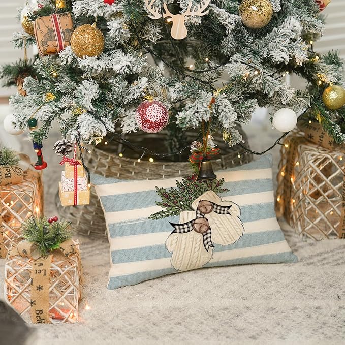 AVOIN colorlife Christmas Snowman Reindeer Gloves Eucalyptus Blue Throw Pillow Covers, 12 x 20 Inch Winter Holiday Stripes Cushion Case Decoration for Sofa Couch Set of 4