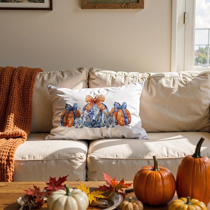 Chinoiserie Fall Pumpkin Pillow Covers 20x12,Autumn Decor,Blue and White Orange Chinoiserie Pumpkin Decorative Throw Pillow Covers for Home Bedroom Living Room