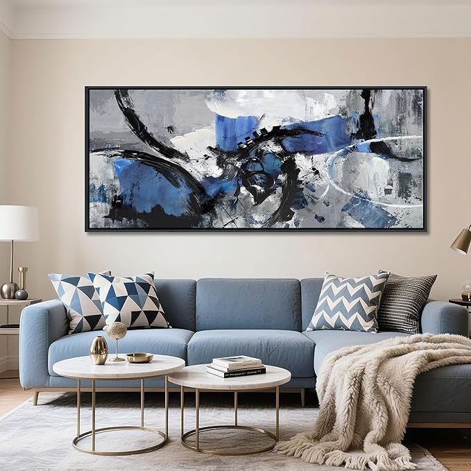 Blue Abstract Wall Art - Canvas Wall Art in Blue and Black Framed Gray Artwork for Living Room, Bedroom and Office Decorations for Work - Modern Wall Decor and Pictures