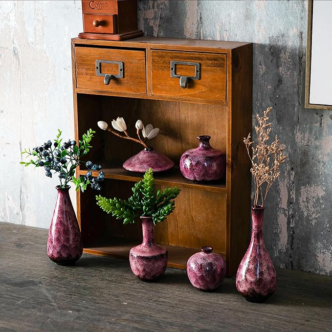 Pink Ceramic Bud Vases, Set of 6 Small Glazed Pottery Vases for Floral Arrangements, Decorative Rustic Vases for Modern Farmhouse Home Decor, Living Room, Dining Table Centerpieces