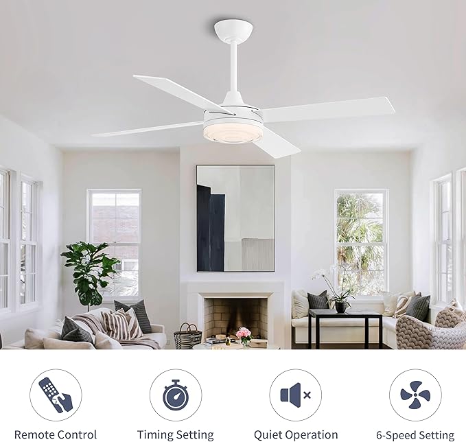 WINGBO 52 Inch Ceiling Fan with Lights and Remote, 3CCT, Modern Ceiling Fan with Ripple Glass Shade, 6-Speed Reversible DC Motor for Bedroom Living Room Kitchen Hallway, Gloss White