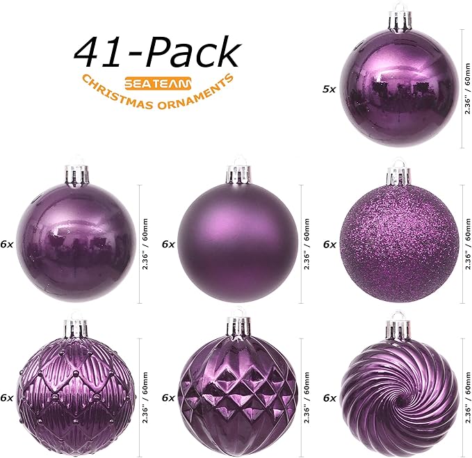 Sea Team 41-Pack Christmas Ball Ornaments with Strings, 60mm/2.36-Inch Small Size Baubles, Shatterproof Plastic Christmas Bulbs, Hanging Decorations for Xmas Tree, Holiday, Wedding, Party, Magenta