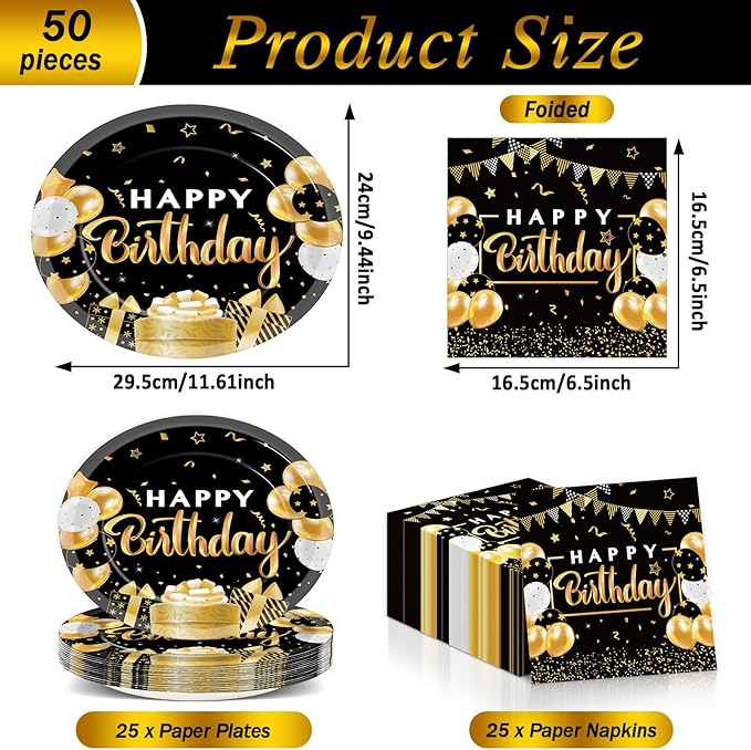 Birthday Oval Paper Plate 11inch Large Happy Birthdays Plates and Napkins, Black and Gold Party Decoration Favor Dish Tray for Man Woman Bday Baby Shower Holiday Gathering Supplies Tableware, 25 Guest