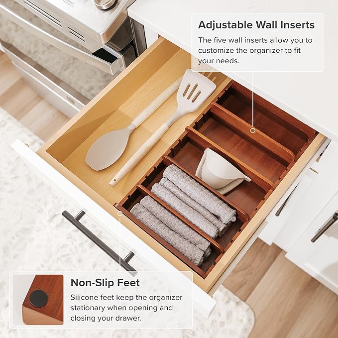 Acacia Kitchen Towel and Storage Organizer, Perfect for Drawers, Cabinets, Pantry, 5 Adjustable Wall Inserts, Non-Slip Feet, Organize Containers, Food-Safe Finish