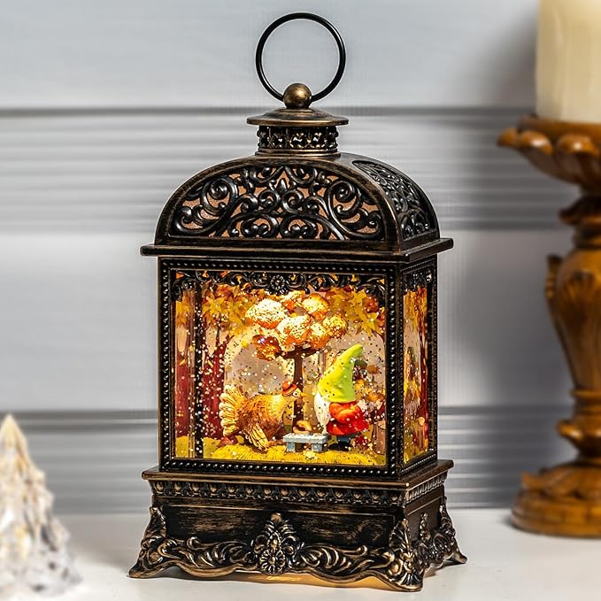 Fall Decor Snow Globe Lantern, Thanksgiving Decoration Swirling Glitter Gnome Snow Globe with Turkey, Harvest Day Gifts, Home Fall Halloween Decor