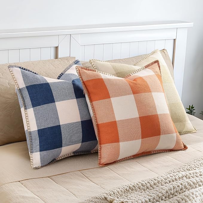 decorUhome Christmas Buffalo Plaid Check Throw Pillow Covers 18x18 Set of 2, Outdoor Linen Decorative Farmhouse Gingham Pillow Covers with Stitched Edge for Bed Couch Sofa, Cream White and Beige