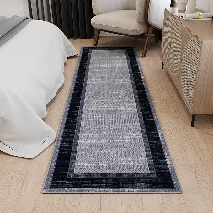 Ottomanson Hallway Runner Rug 2'7" x 9'10" Non Slip Border Area Rugs Easy to Clean Laundry Rug Runner Durable & Pet Friendly Floor Carpet Runners for Hallways Entryway Living Room Kitchen, Gray/Navy