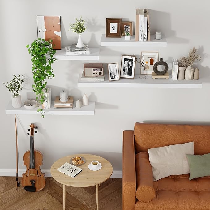 Axeman Floating Shelves, 8 Inch Deep Rustic Solid Wood Wall Shelves for Storage, Wall Mounted Display Shelving with Invisible Heavy-Duty Metal Bracket, 36" W x 8" D x 1.6" H, Distressed White