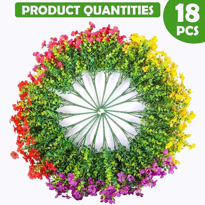 18 Pcs Artificial Flowers for Outdoors UV Resistant Fake Flower Plastic Spring Flowers Faux Silk Plants for Outside Porch Window Easter Patio Home Decor (18, Red, Purple, Yellow, Rose Red)