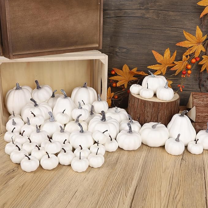 winemana 46 Pcs Assorted Size Artificial Pumpkins Fall Decorations, White Foam Pumpkin Autumn Decor, Decorative Faux Pumpkin for Halloween Thanksgiving Table Centerpiece Mantle Bowl Wedding Party