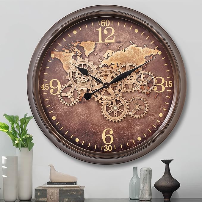 CLXEAST 24 Inch Large Wall Clock with Moving Gears, Industrial Clocks with World Map Dial, Oversized Cool Wall Clock for Living Room Decor,Oil Rubbed Bronze Brown