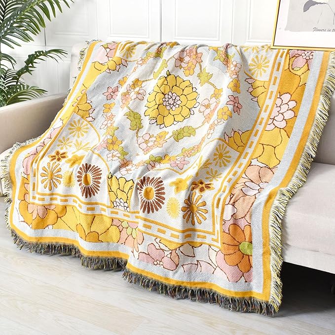 Boho Throw Blanket Reversible Cotton Bohemian Tapestry Hippie Room Decor Outdoor Blanket Double Sided (Boho Yellow Flower 50"x60")