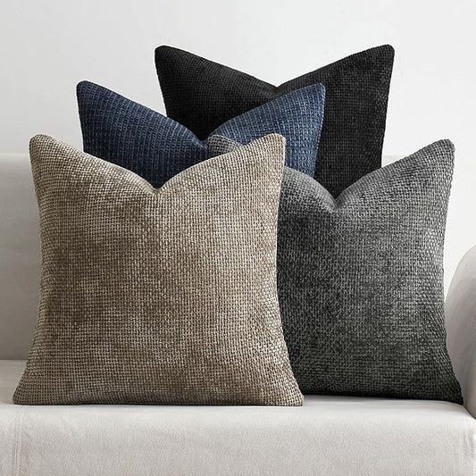 MIULEE Pack of 4 Couch Throw Pillow Covers 16x16 Inch Neutral Navy/Grey Soft Decorative Chenille Pillow Covers Farmhouse Accent Cushion Covers for Boho Home Decor Sofa Bedroom Living Room