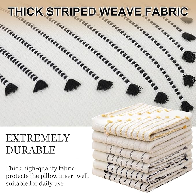 Mecatny Boho Outdoor Throw Pillow Covers 18X18 Set of 2, Farmhouse Decorative Pillow Covers for Couch Sofa Living Room, Black & Cream White