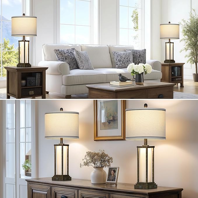 27in Tall Farmhouse Table Lamp Set of 2 with USB C+A & Outlet,Bronze Industrial End Table Lamp for Living Room,Vintage Rustic Bedside Lamps with Night Light for Bedroom Nightstand,Bronze