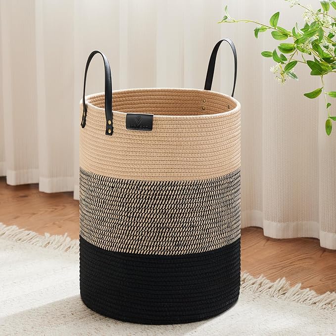VIPOSCO Tall Laundry Basket, Large Dirty Clothes Hamper with Leather Handle, Woven Rope Storage Basket for Blanket, Toy In Living Room, Bathroom, Bedroom - 53L Brown & Black