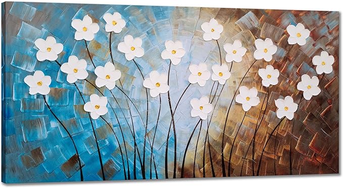 Yihui Arts Flower Painting Hand Painted 3D Brown Light Blue White Canvas Wall Art Giant Contemporary Plant Pictures for Bedroom Living Room Dinning Decoration