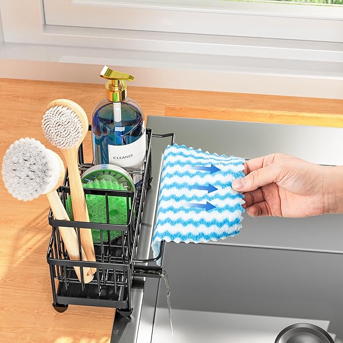 Cisily Sponge Holder for Kitchen Sink with Towel Rack, Sink Caddy with Kitchen High Brush Holder, Organzier Rustproof 304 Stainless Steel Dish Organizer Divider, Soap Dispenser Storage