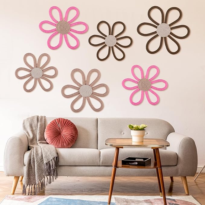 Barydat 6 Pcs Boho Nursery Decor Daisy Flower Woven Macrame Wall Hanging 3 Size Daisy Flower Wall Decor Bohemian Nursery Decorations for Home Dorm Art(Classic Color)