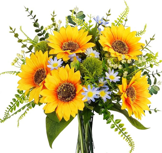 HUAESIN Artificial Sunflower Bouquets Fall Faux Flowers Bouquet Silk Sunflowers in Vase Floral Arrangements for Home Kitchen Table Centerpieces Wedding Party Decor
