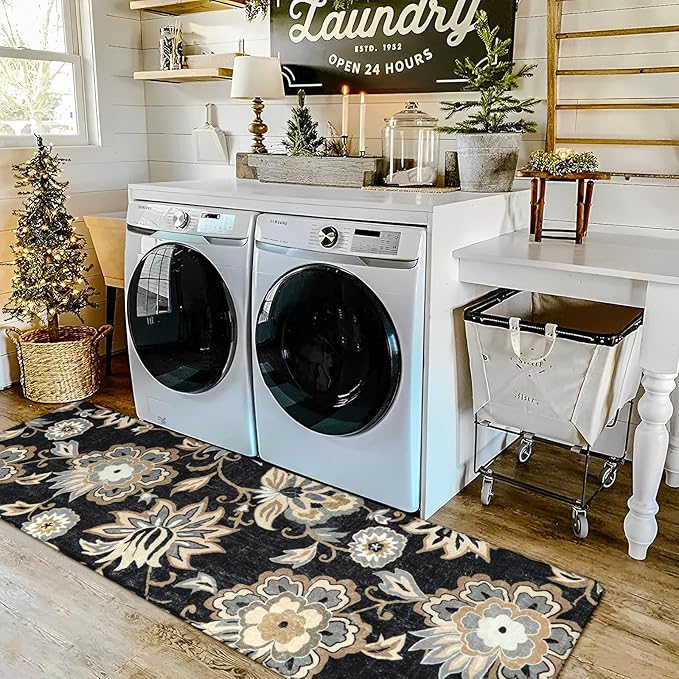 Lahome Floral Washable Runner Rug - 2x6 Runners for Hallways Non-Slip Low-Pile Kitchen Rug, Black Paisley Print Carpet for Laundry Bedroom Entryway （(2’X 6’, Blacak)