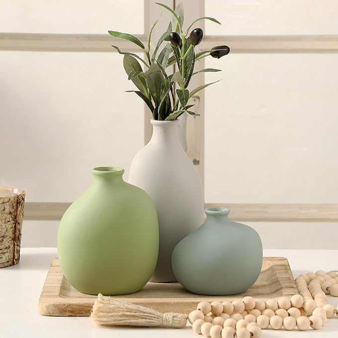 Ceramic Vase Set of 3, Rustic Farmhouse Pottery Vases for Home Decor, Perfect for Pampas Grass, Dried or Fresh Flowers, Ideal for Living Room, Bedroom, Kitchen, Bathroom, Bookshelf, Table Centerpiece.