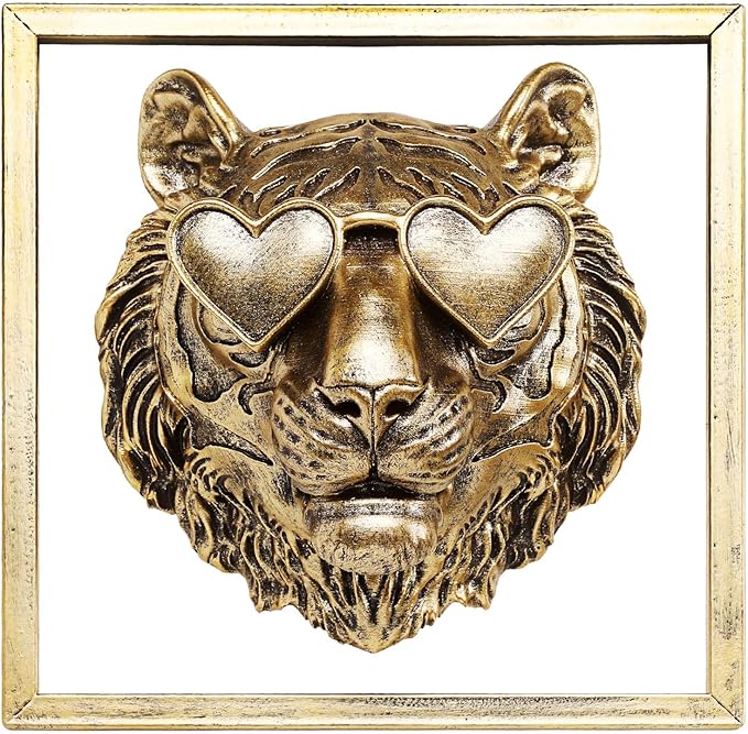 Animal Heads Wall Decor (Includes Metal Frame) Resin Animals Sculptures Head Wall Hanging Decoration Gold vintage Wall Sculpture for Living Room Bedroom Office(Tiger)