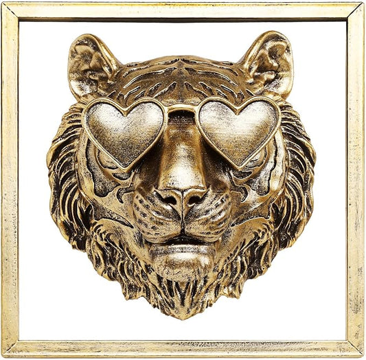 Animal Heads Wall Decor (Includes Metal Frame) Resin Animals Sculptures Head Wall Hanging Decoration Gold vintage Wall Sculpture for Living Room Bedroom Office(Tiger)