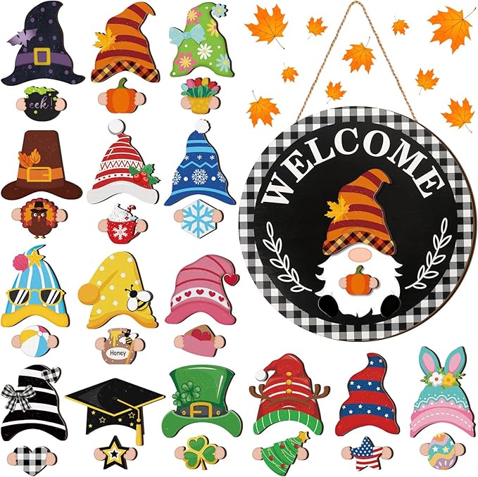 Qunclay Interchangeable Wooden Gnome Decor Holiday Seasonal Gnome Decorations with Magnet Pieces and Detachable Hats Changeable Welcome Sign for Home(Trendy Style)