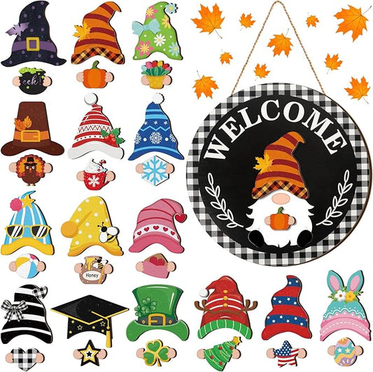 Qunclay Interchangeable Wooden Gnome Decor Holiday Seasonal Gnome Decorations with Magnet Pieces and Detachable Hats Changeable Welcome Sign for Home(Trendy Style)