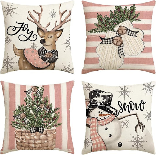 AVOIN colorlife Pink Christmas Snowman Reindeer Gloves Eucalyptus Throw Pillow Covers, 20 x 20 Inch Winter Holiday Stripes Cushion Case Decoration for Sofa Couch Set of 4